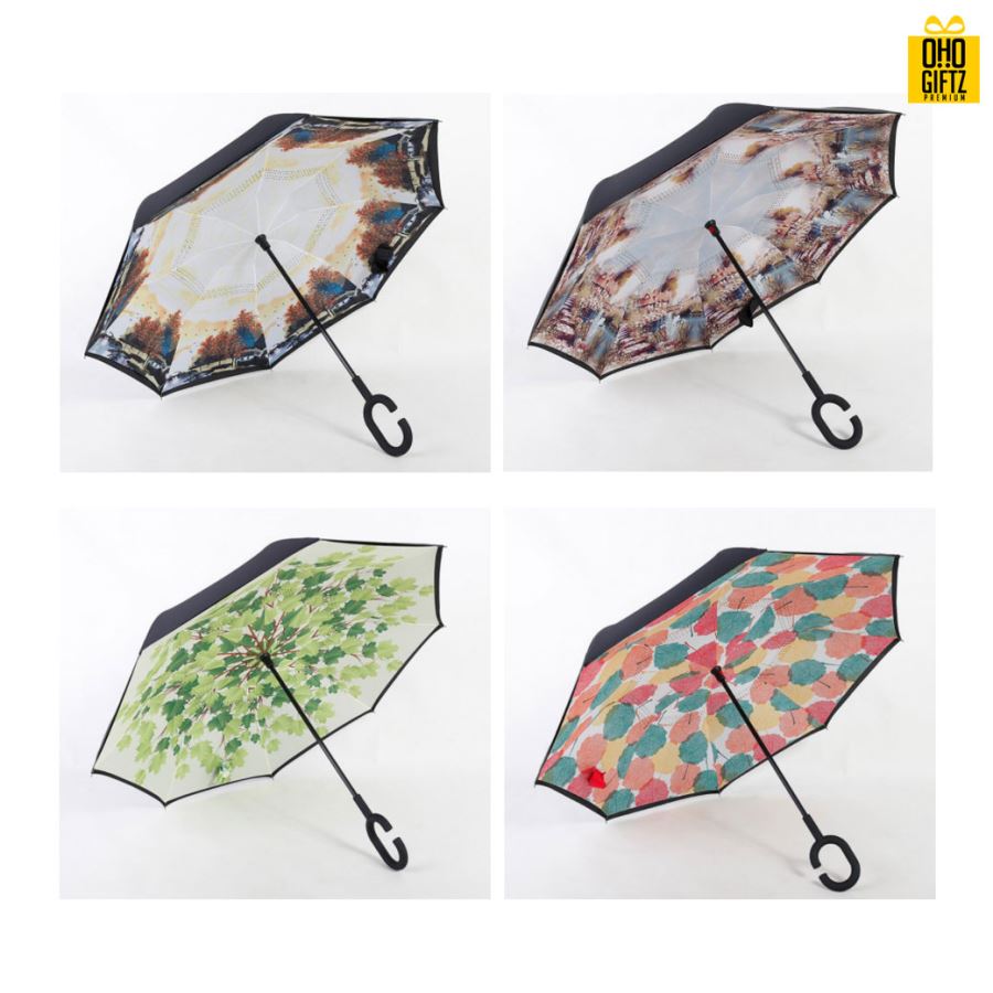 ร่มกลับด้านสองชั้นคล้องแขนได้ด้ามจับรูปตัว C สกรีนโลโก้ ทำเป็นสินค้าพรีเมี่ยม ของชำร่วย ของที่ระลึก