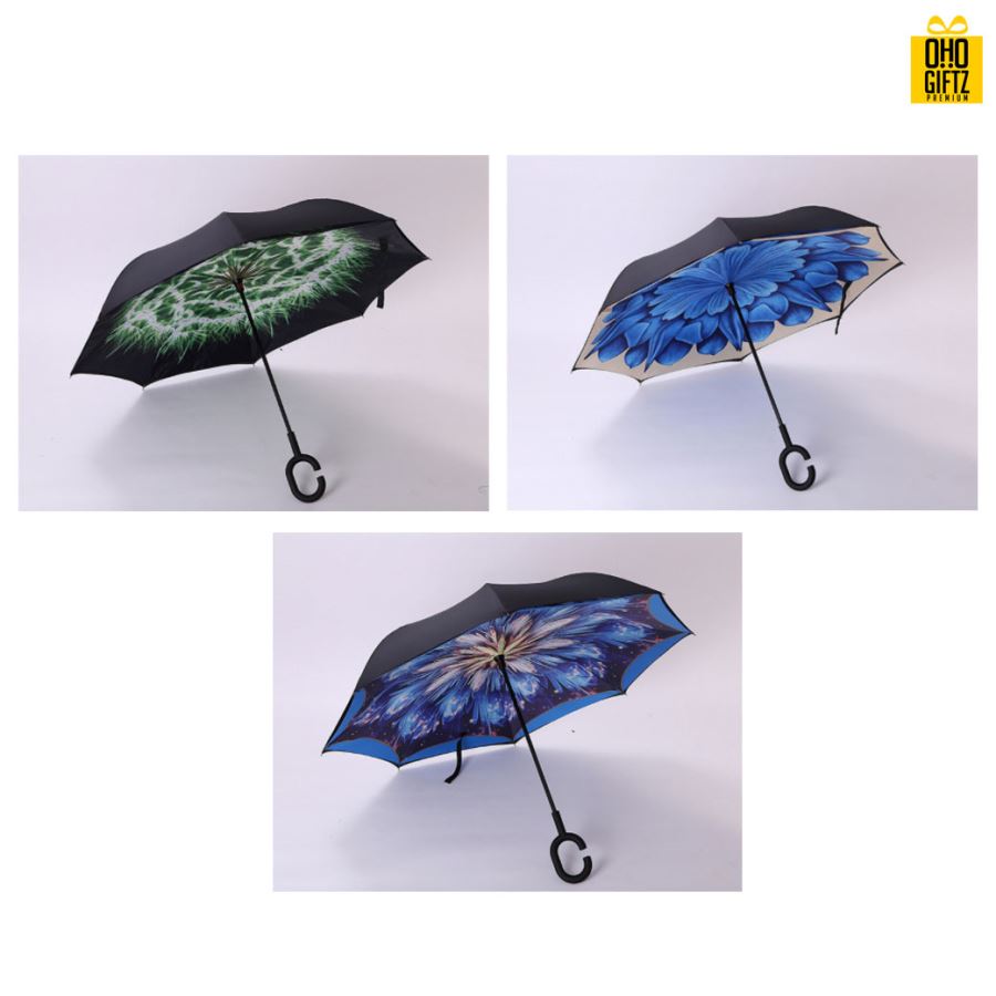 ร่มกลับด้านสองชั้นคล้องแขนได้ด้ามจับรูปตัว C สกรีนโลโก้ ทำเป็นสินค้าพรีเมี่ยม ของชำร่วย ของที่ระลึก