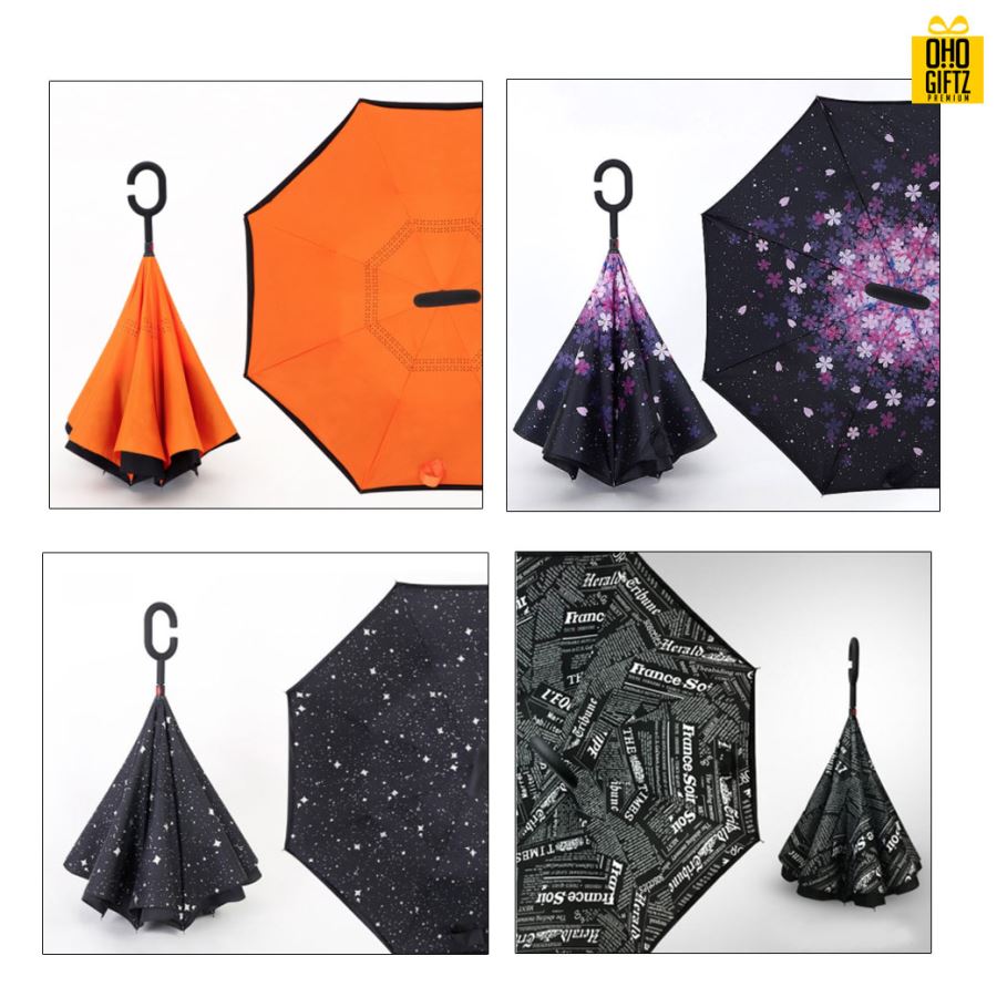 ร่มกลับด้านสองชั้นคล้องแขนได้ด้ามจับรูปตัว C สกรีนโลโก้ ทำเป็นสินค้าพรีเมี่ยม ของชำร่วย ของที่ระลึก