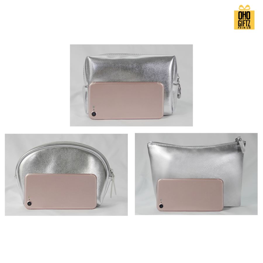 กระเป๋าเครื่องสำอางหนัง PU สีเงิน ดูหรูหรา สกรีนโลโก้  ทำเป็นของพรีเมี่ยมได้