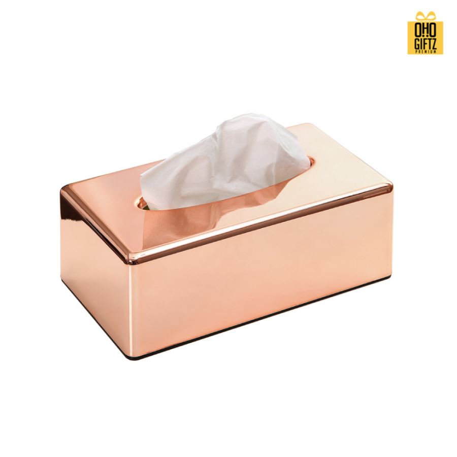 กล่องใส่ทิชชู่สีโรสโกลด์ สกรีนโลโก้ ทำเป็นของพรีเมี่ยม ของชำร่วยได้