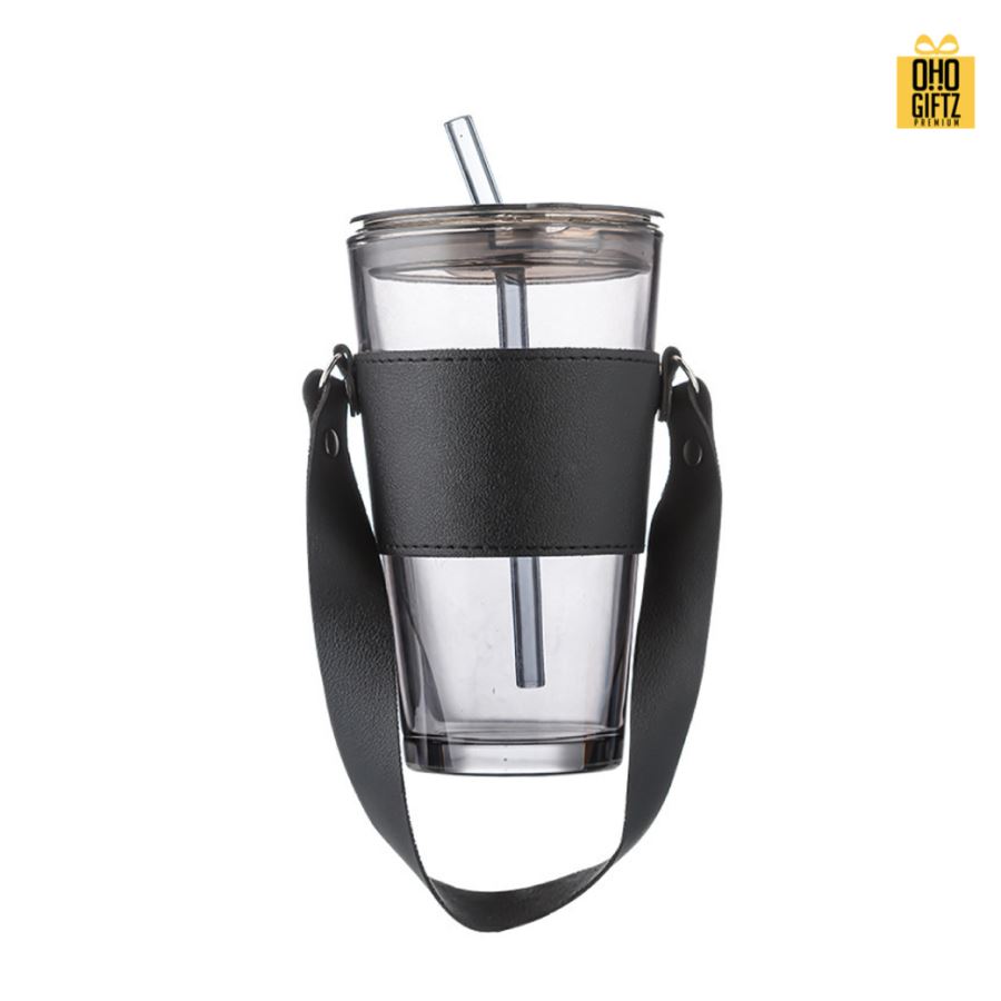 แก้วใสพร้อมปลอกสายหิ้วหนัง สกรีนชื่อ สกรีนโลโก้ ทำเป็นของพรีเมี่ยมได้