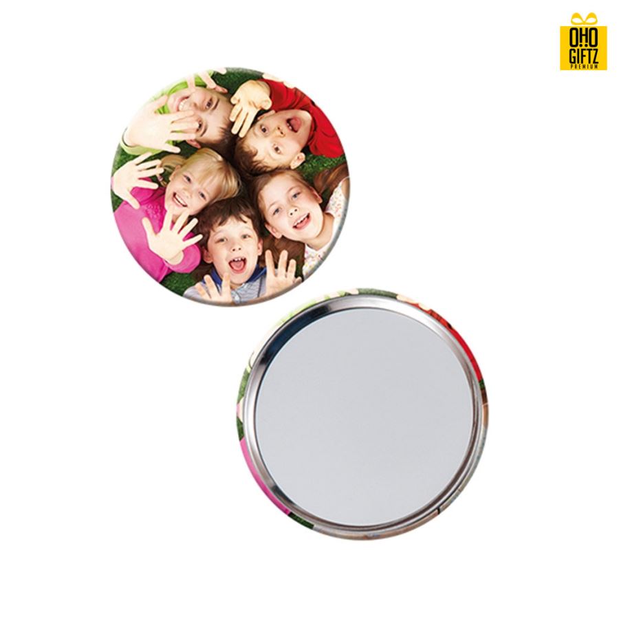 กระจกโลหะ 75 mm. สกรีนโลโก้ ทำเป็นของพรีเมี่ยม ของที่ระลึก ของชำร่วย