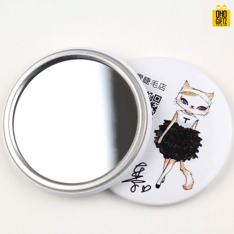 กระจกโลหะ 75 mm. สกรีนโลโก้ ทำเป็นของพรีเมี่ยม ของที่ระลึก ของชำร่วย