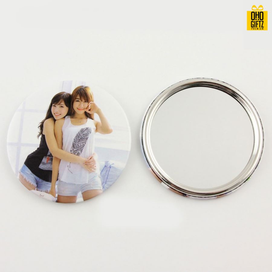 กระจกโลหะ 75 mm. สกรีนโลโก้ ทำเป็นของพรีเมี่ยม ของที่ระลึก ของชำร่วย