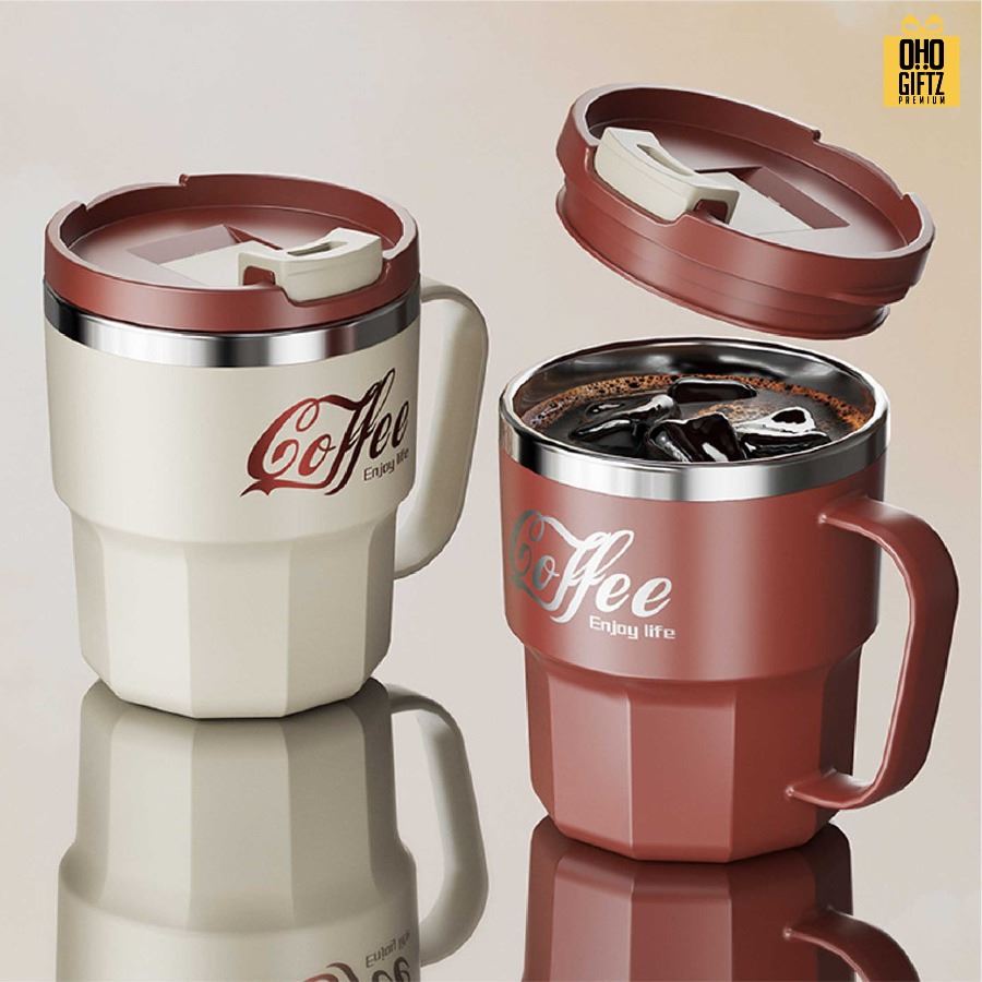 แก้วสแตนเลสพร้อมหูจับ สกรีนโลโก้ ทำเป็นของพรีเมี่ยมได้