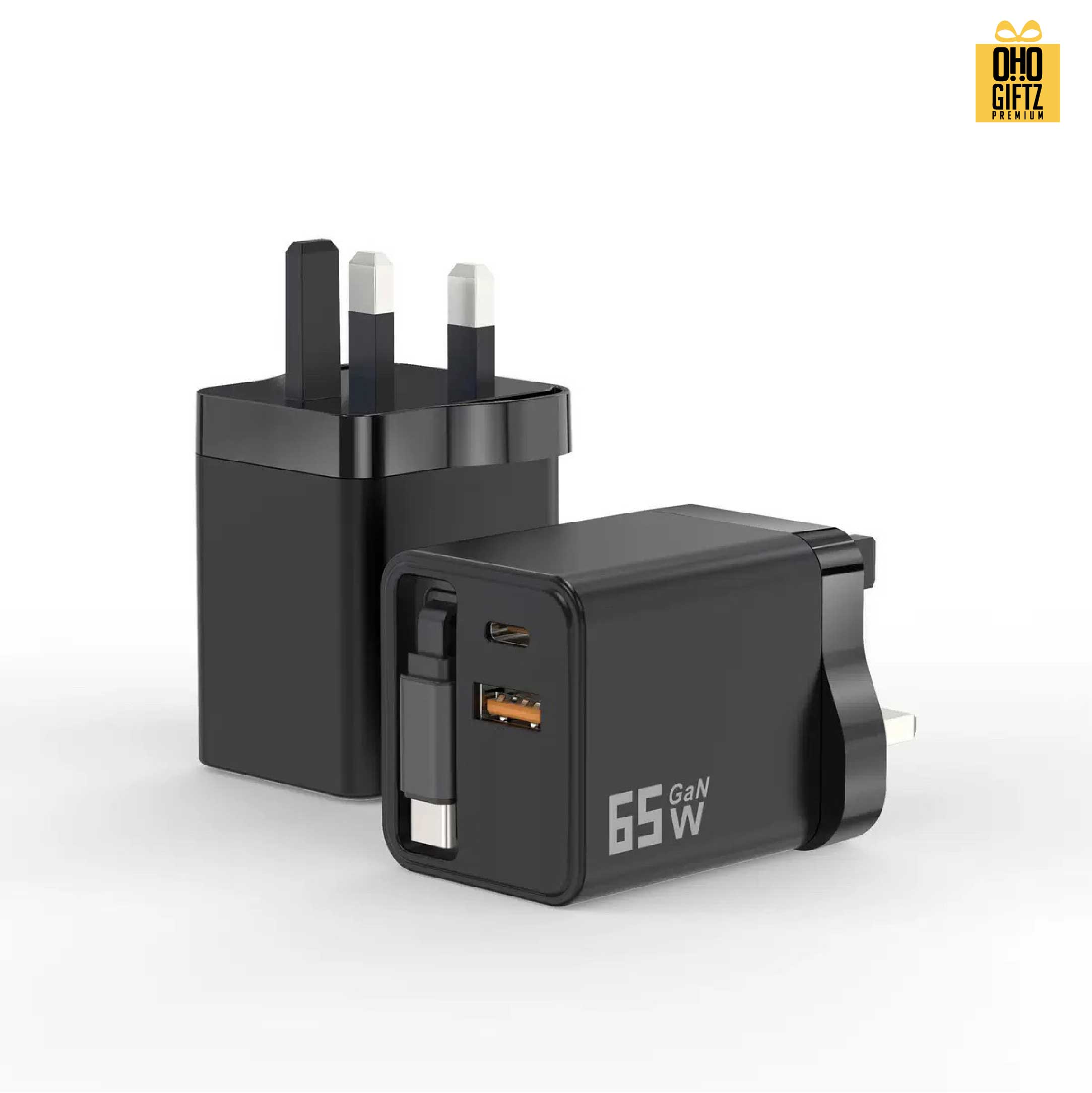 หัวชาร์จ GaN 65W มีสายชาร์จในตัว สกรีนชื่อ,โลโก้ ทำเป็นของพรีเมี่ยมได้