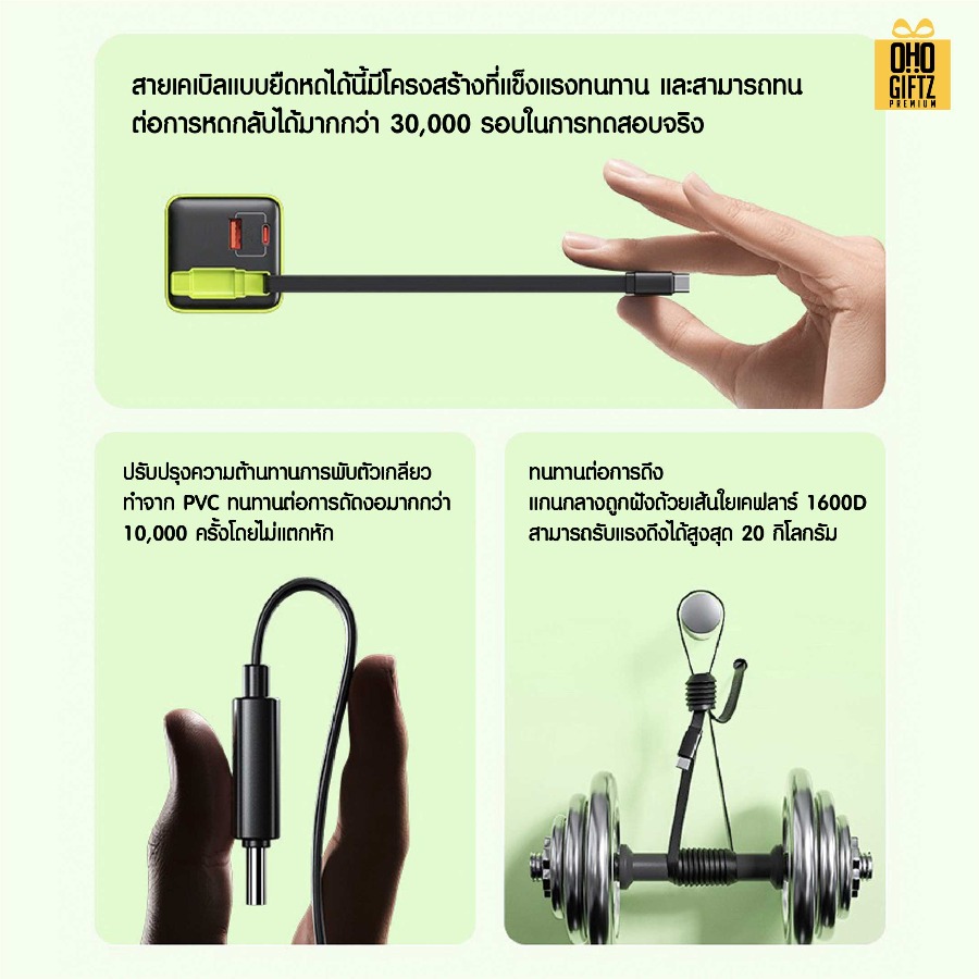 หัวชาร์จ GaN 65W มีสายชาร์จในตัว สกรีนชื่อ,โลโก้ ทำเป็นของพรีเมี่ยมได้