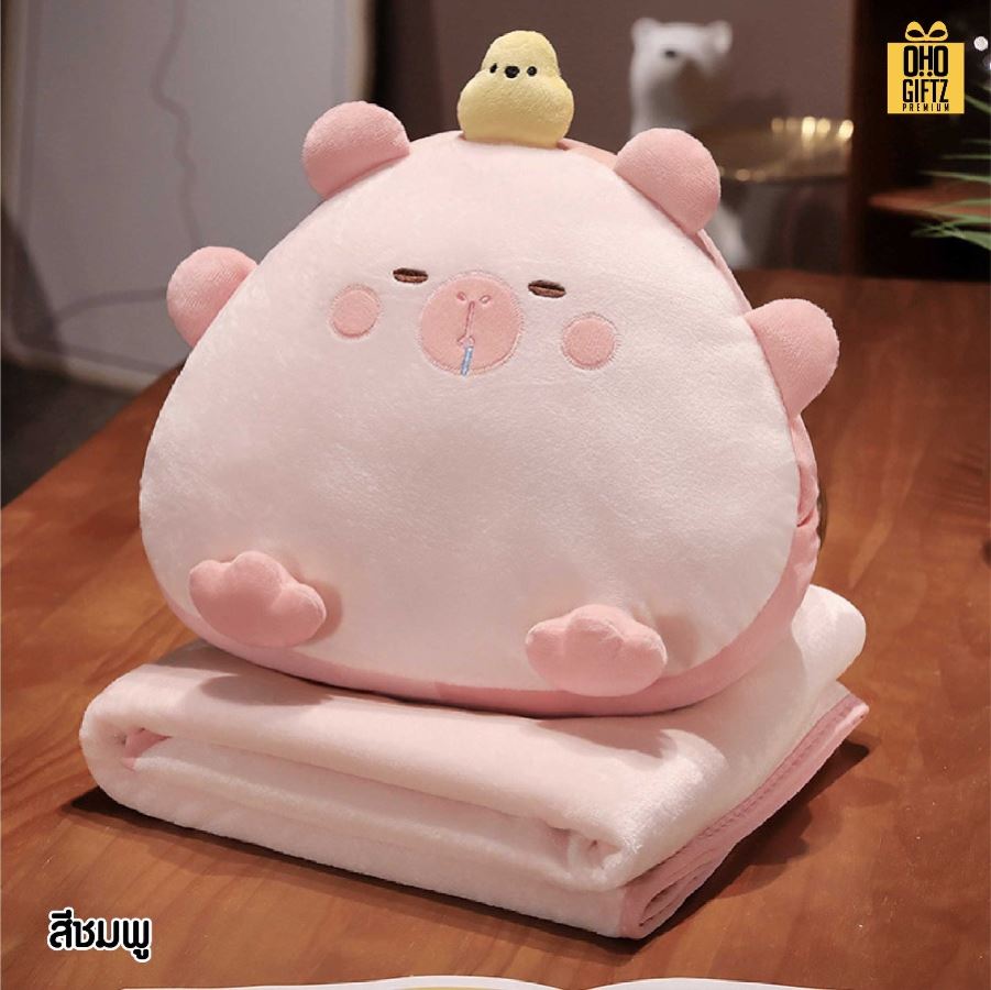 ตุ๊กตาหมอนผ้าห่ม สกรีนโลโก้ ติดลาเบล ทำเป็นของพรีเมี่ยมได้