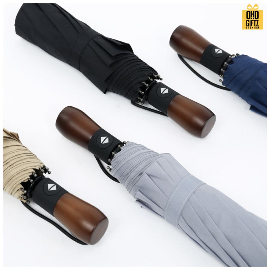 ร่มพับ3ตอนเปิดอัตโนมัติ ด้ามจับไม้ สกรีนโลโก้ ทำเป็นสินค้าพรีเมี่ยม 