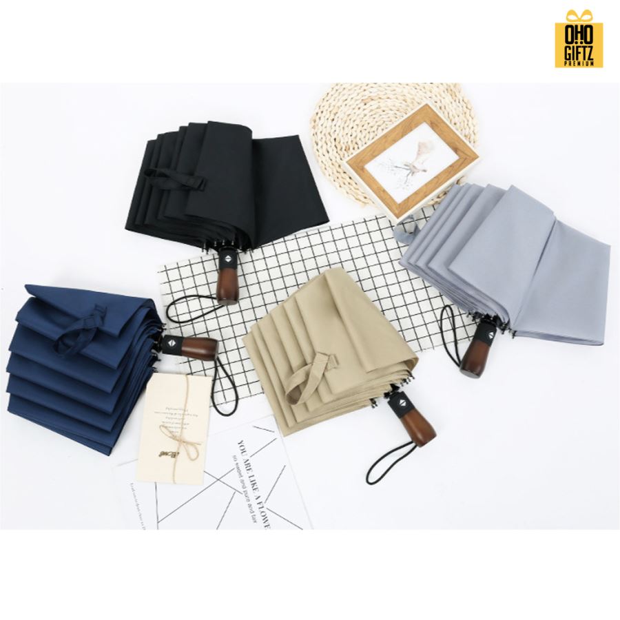 ร่มพับ3ตอนเปิดอัตโนมัติ ด้ามจับไม้ สกรีนโลโก้ ทำเป็นสินค้าพรีเมี่ยม 