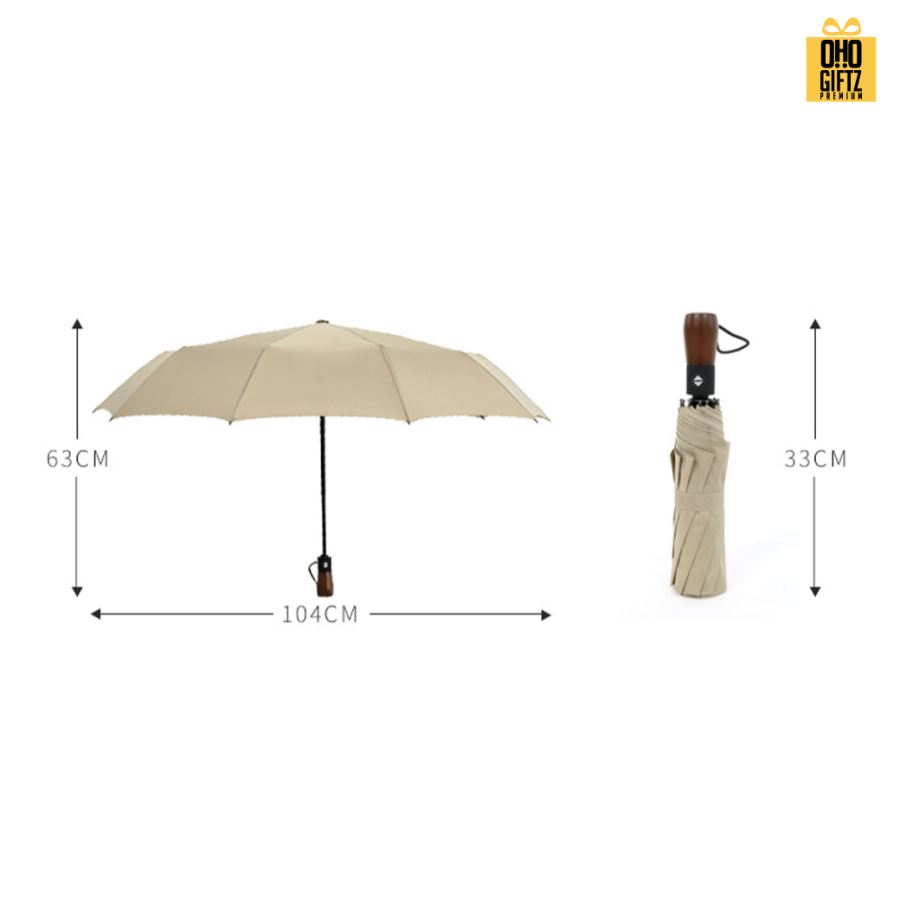 ร่มพับ3ตอนเปิดอัตโนมัติ ด้ามจับไม้ สกรีนโลโก้ ทำเป็นสินค้าพรีเมี่ยม 