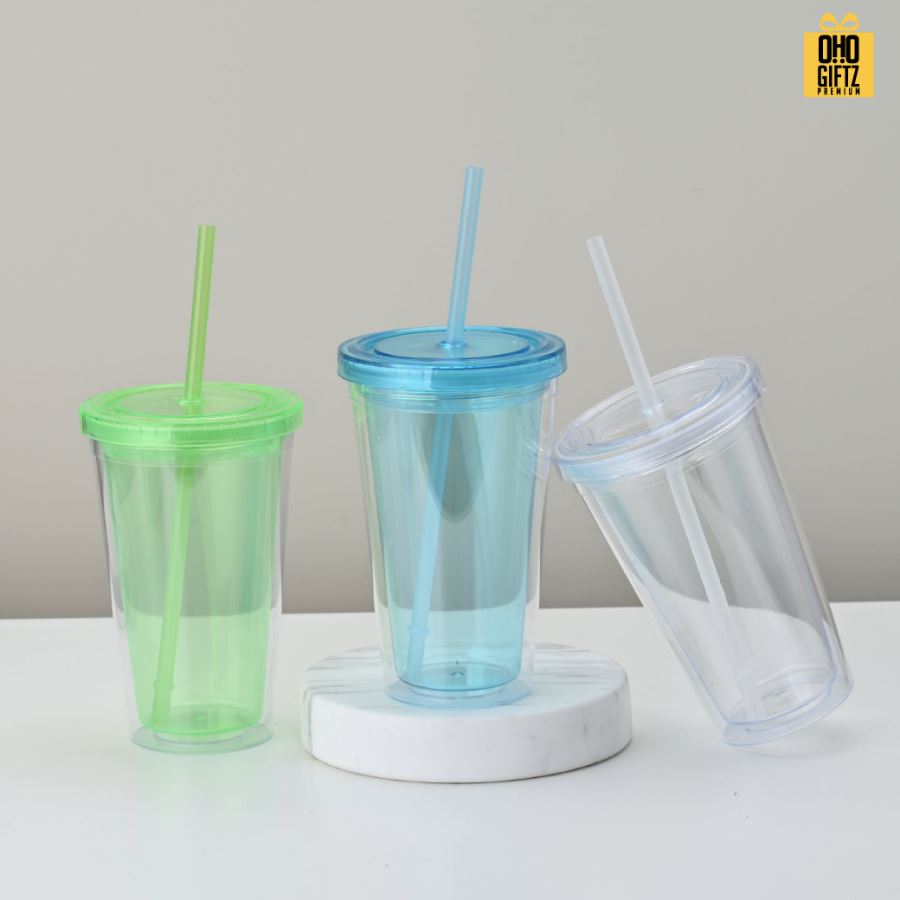 ถ้วยพลาสติกสี 2 ชั้น พร้อมหลอด สกรีนโลโก้ ทำเป็นของพรีเมี่ยมได้