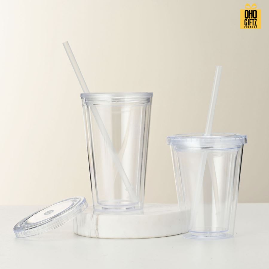 ถ้วยพลาสติกใส 2 ชั้นพร้อมหลอด สกรีนโลโก้ ทำเป็นของพรีเมี่ยมได้