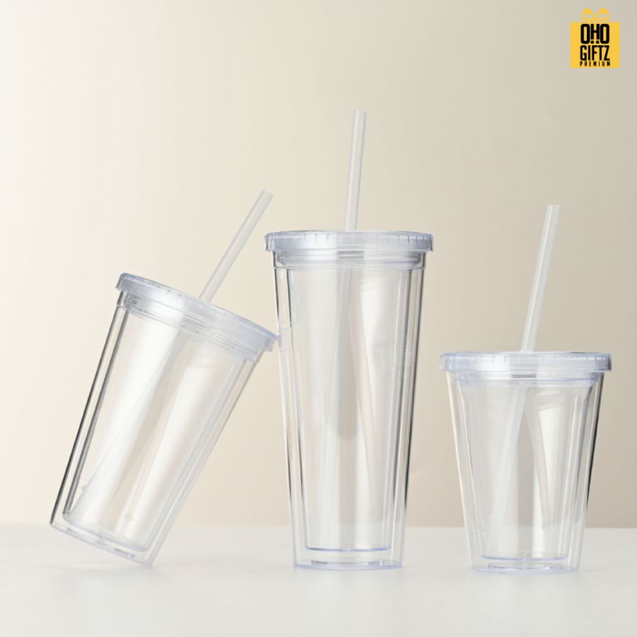 ถ้วยพลาสติกใส 2 ชั้นพร้อมหลอด สกรีนโลโก้ ทำเป็นของพรีเมี่ยมได้