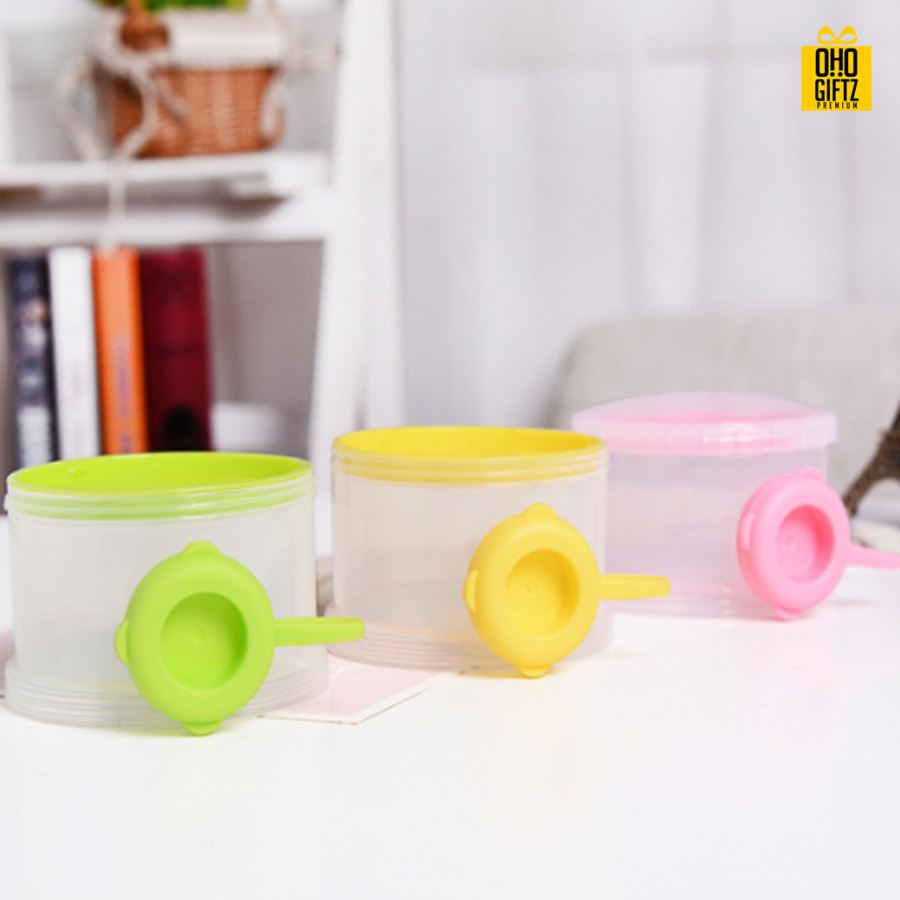 กล่องใส่นมผงพลาสติกสามชั้น สกรีนชื่อ  สกรีนโลโก้ทำเป็นของพรีเมี่ยมได้ 