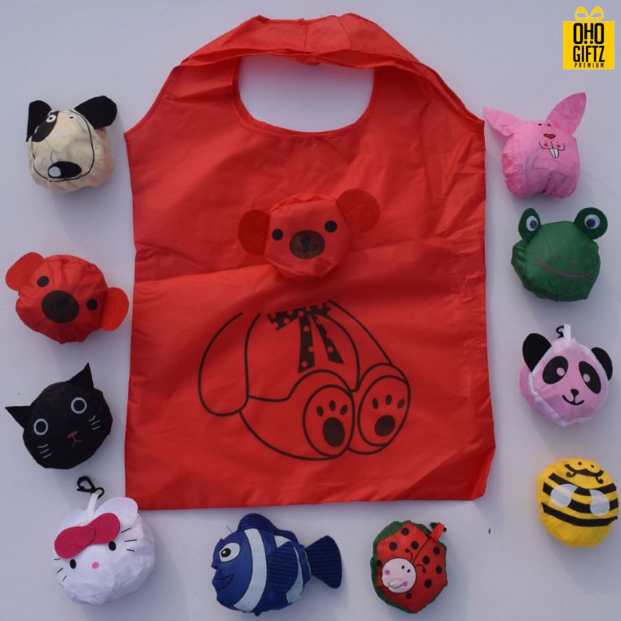 กระเป๋าพับได้ผ้าโพลีเอสเตอร์รูปหมี สกรีนโลโก้ ทำเป็นของพรีเมี่ยม ของที่ระลึก