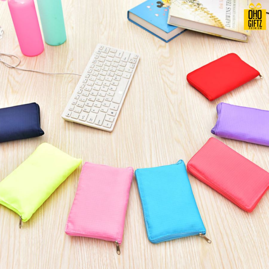 กระเป๋าพับได้ผ้าใยสังเคราะห์หลากสี สกรีนโลโก้ ทำเป็นของพรีเมี่ยม ของที่ระลึก