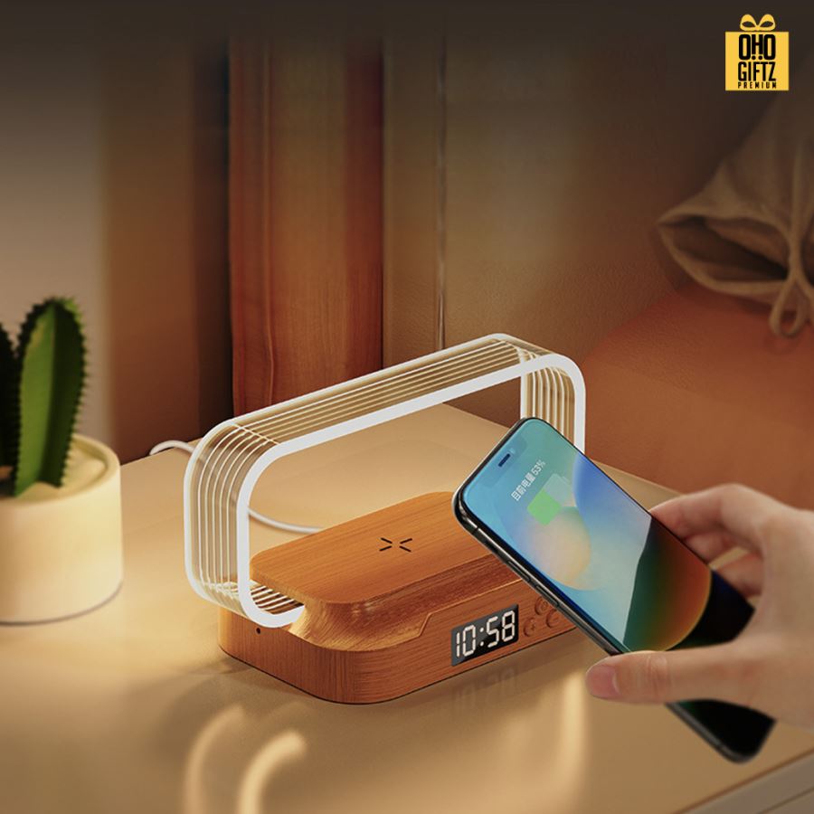 นาฬิกาโคมไฟ ชาร์จมือถือไร้สาย สกรีนชื่อ สกรีนโลโก้ ทำเป็นของพรีเมี่ยมได้ 