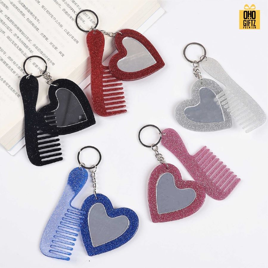 พวงกุญแจหวีกระจกลายกระวินเทจ สกรีนโลโก้ ทำเป็นของพรีเมี่ยม ของชำร่วยได้