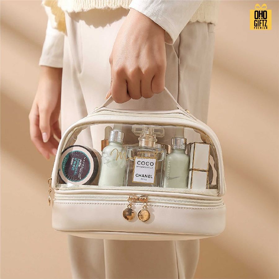 กระเป๋าเครื่องสำอาง 2 ชั้น มีหน้าต่างใส สกรีนโลโก้ ทำเป็นของพรีเมี่ยมได้