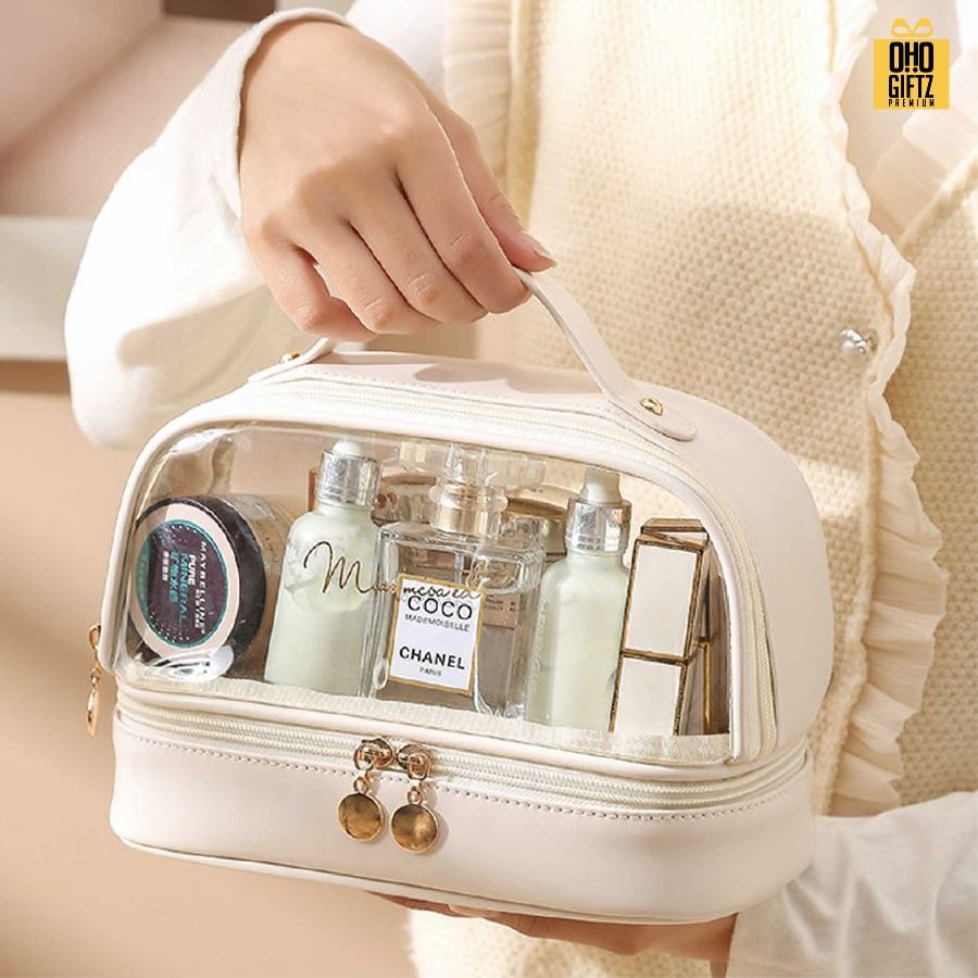 กระเป๋าเครื่องสำอาง 2 ชั้น มีหน้าต่างใส สกรีนโลโก้ ทำเป็นของพรีเมี่ยมได้
