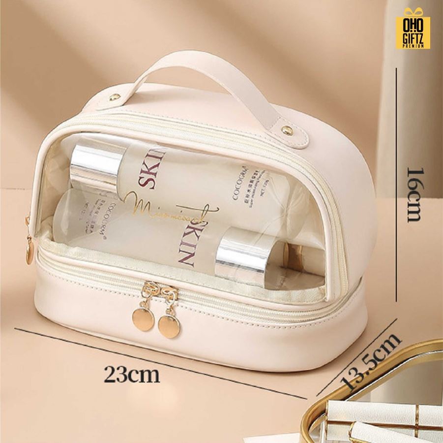 กระเป๋าเครื่องสำอาง 2 ชั้น มีหน้าต่างใส สกรีนโลโก้ ทำเป็นของพรีเมี่ยมได้