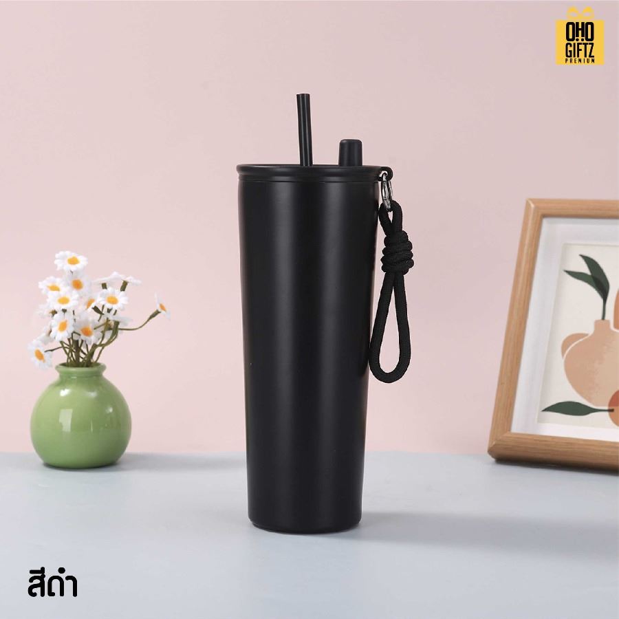 แก้วน้ำสแตนเลสทรงสูงมีสายคล้องมือ สกรีนโลโก้ ทำเป็นของพรีเมี่ยมได้