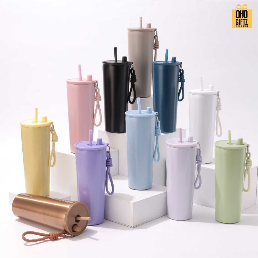 แก้วน้ำสแตนเลสทรงสูงมีสายคล้องมือ สกรีนโลโก้ ทำเป็นของพรีเมี่ยมได้