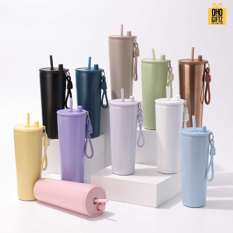 แก้วน้ำสแตนเลสทรงสูงมีสายคล้องมือ สกรีนโลโก้ ทำเป็นของพรีเมี่ยมได้