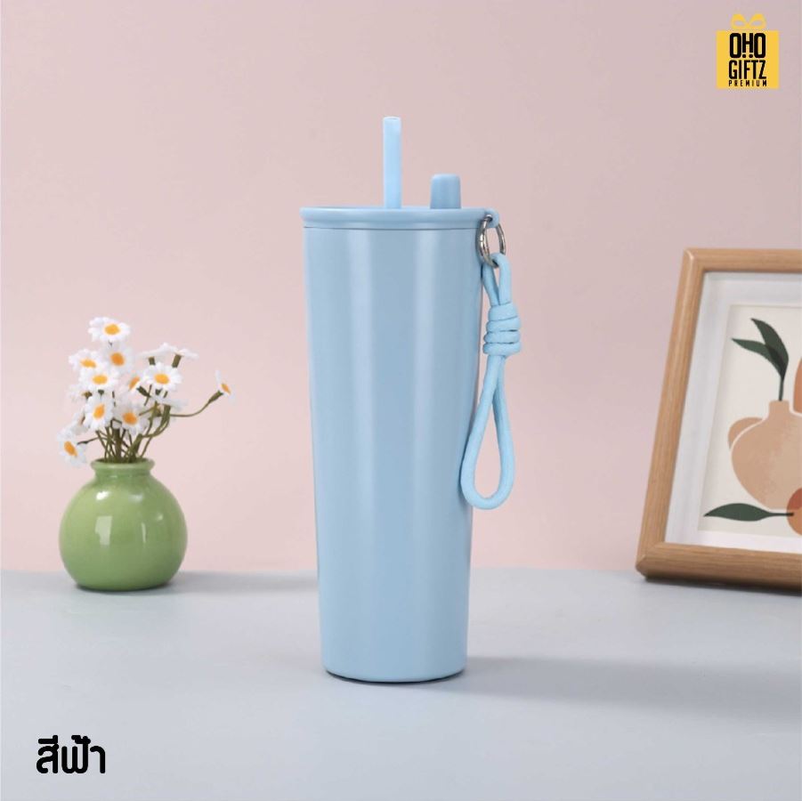 แก้วน้ำสแตนเลสทรงสูงมีสายคล้องมือ สกรีนโลโก้ ทำเป็นของพรีเมี่ยมได้