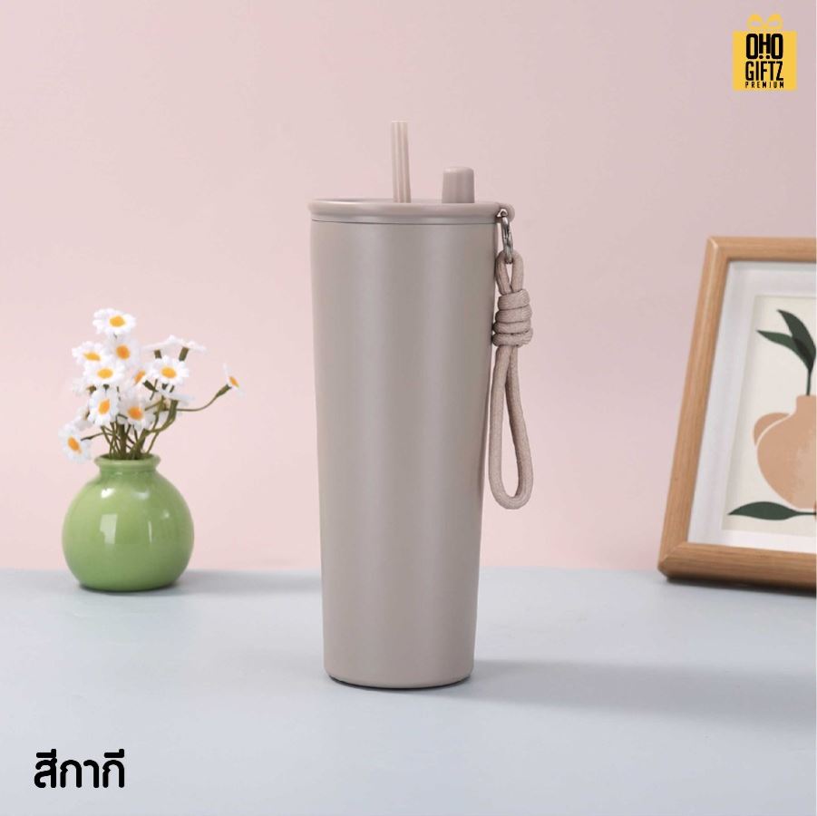 แก้วน้ำสแตนเลสทรงสูงมีสายคล้องมือ สกรีนโลโก้ ทำเป็นของพรีเมี่ยมได้