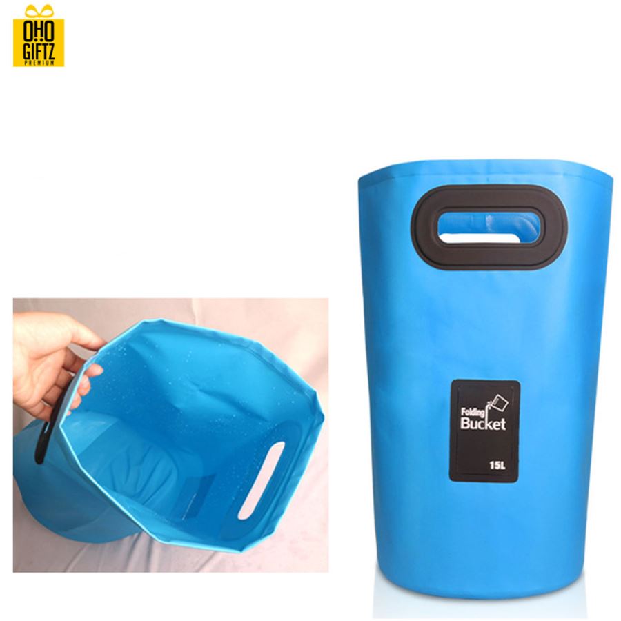 ถังกันน้ำพับเก็บได้ PVC สกรีนโลโก้ ทำเป็นของพรีเมี่ยม