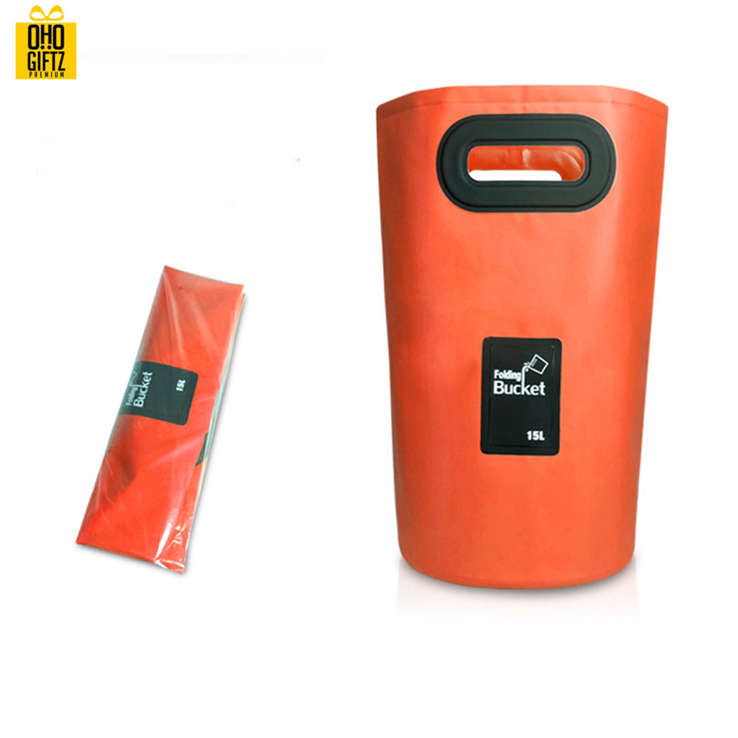 ถังกันน้ำพับเก็บได้ PVC สกรีนโลโก้ ทำเป็นของพรีเมี่ยม