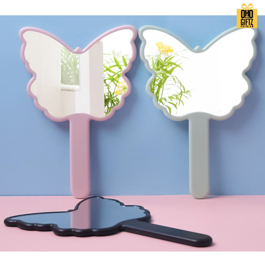 กระจกถือทรงผีเสื้อ สกรีนชื่อ สกรีนโลโก้  ทำเป็นของพรีเมี่ยมได้