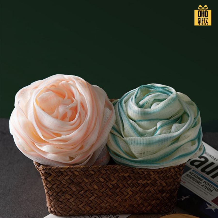 ฟองน้ำขัดตัวทรงดอกไม้ ติดลาเบล สกรีนโลโก้ ทำเป็นของพรีเมี่ยมได้