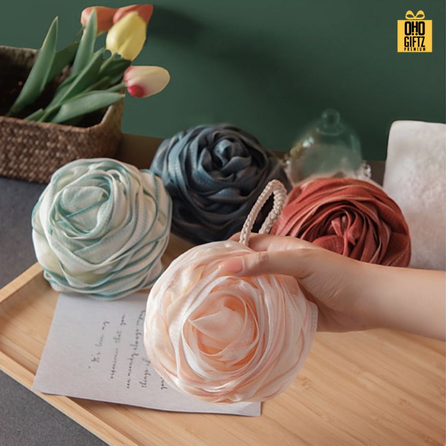 ฟองน้ำขัดตัวทรงดอกไม้ ติดลาเบล สกรีนโลโก้ ทำเป็นของพรีเมี่ยมได้