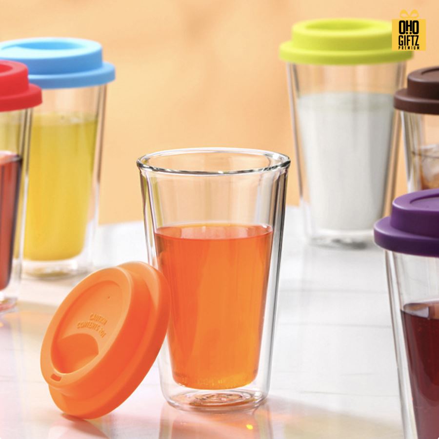 แก้วหนา 2 ชั้น พร้อมฝาปิดซิลิโคน สกรีนชื่อ สกรีนโลโก้ ทำเป็นของพรีเมี่ยมได้