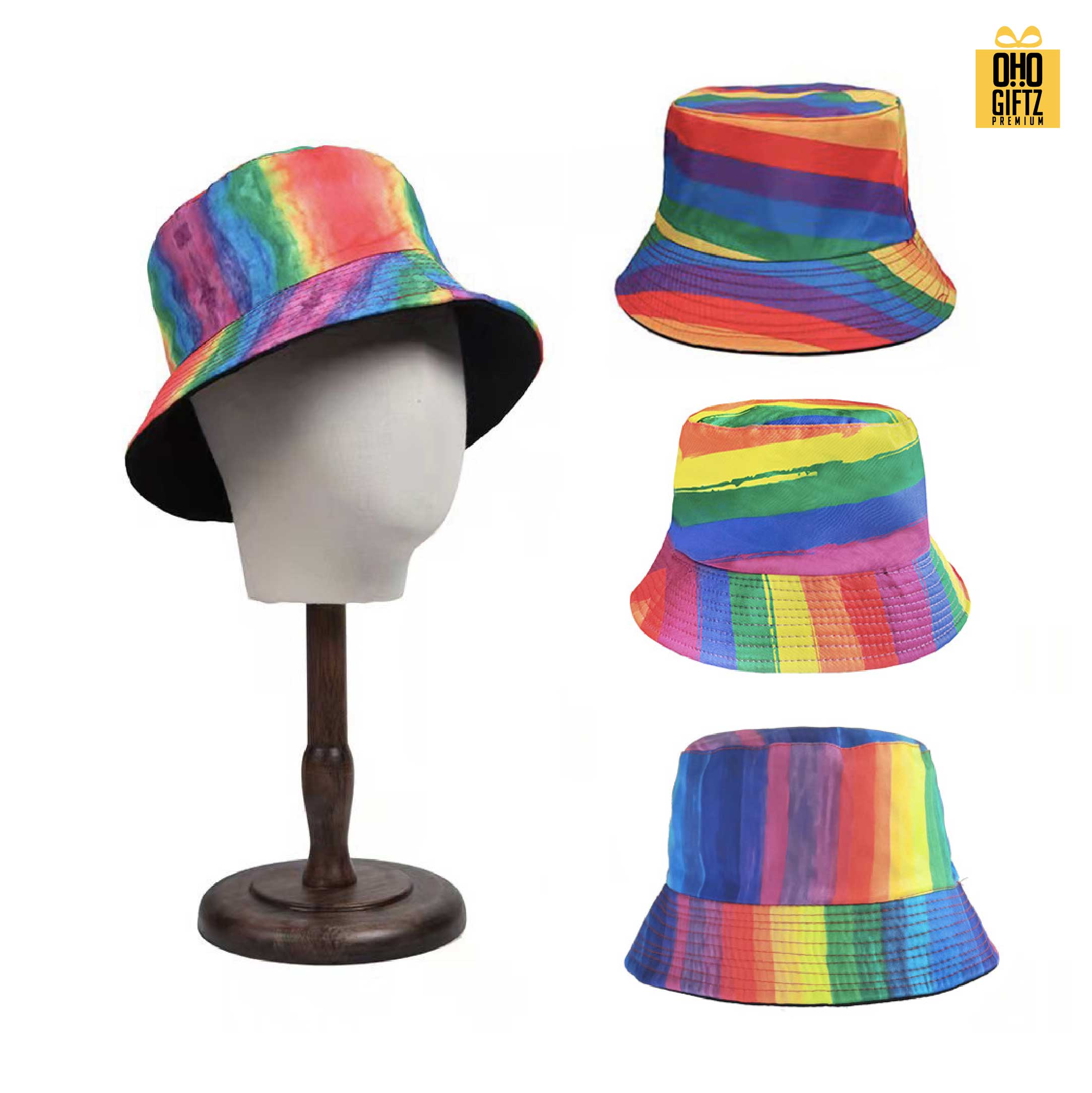 หมวก Bucket สีรุ้ง สกรีนโลโก้ ทำเป็นของพรีเมี่ยม ของที่ระลึกได้