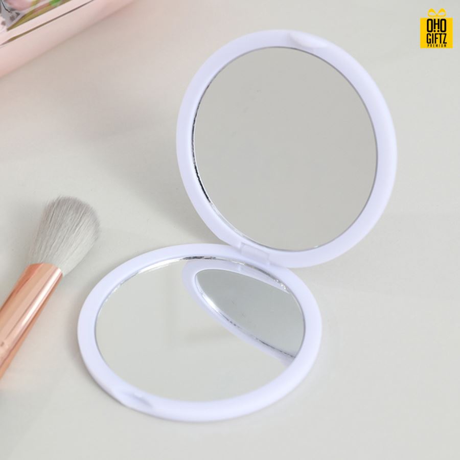 กระจกพับวงกลมส่องได้สองด้าน สกรีนชื่อ สกรีนโลโก้  ทำเป็นของพรีเมี่ยมได้