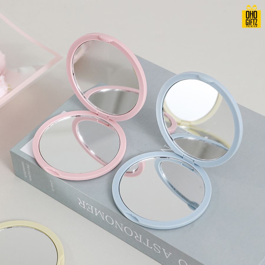 กระจกพับวงกลมส่องได้สองด้าน สกรีนชื่อ สกรีนโลโก้  ทำเป็นของพรีเมี่ยมได้