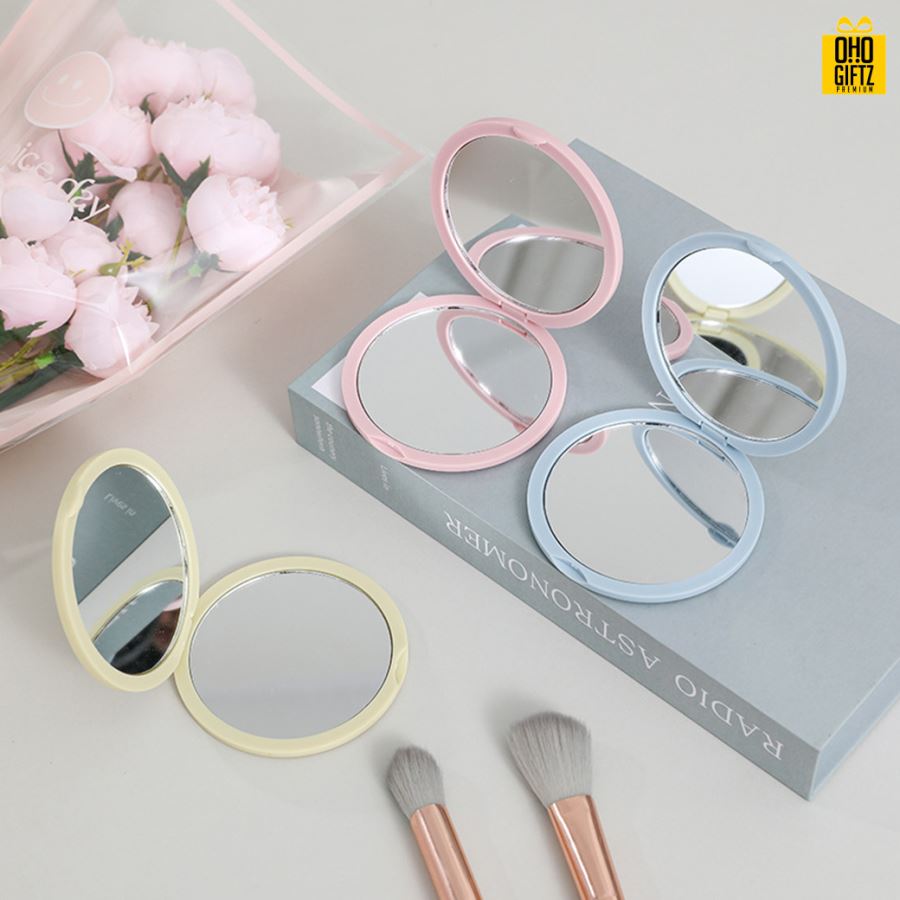 กระจกพับวงกลมส่องได้สองด้าน สกรีนชื่อ สกรีนโลโก้  ทำเป็นของพรีเมี่ยมได้