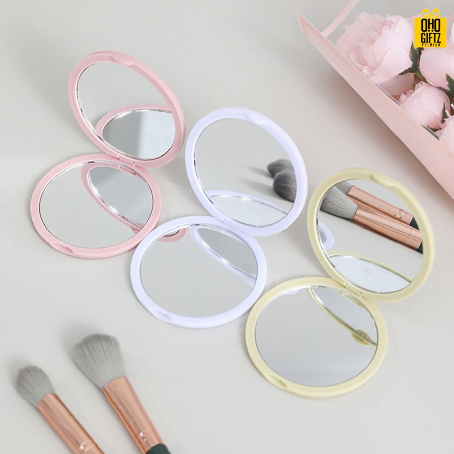 กระจกพับวงกลมส่องได้สองด้าน สกรีนชื่อ สกรีนโลโก้  ทำเป็นของพรีเมี่ยมได้