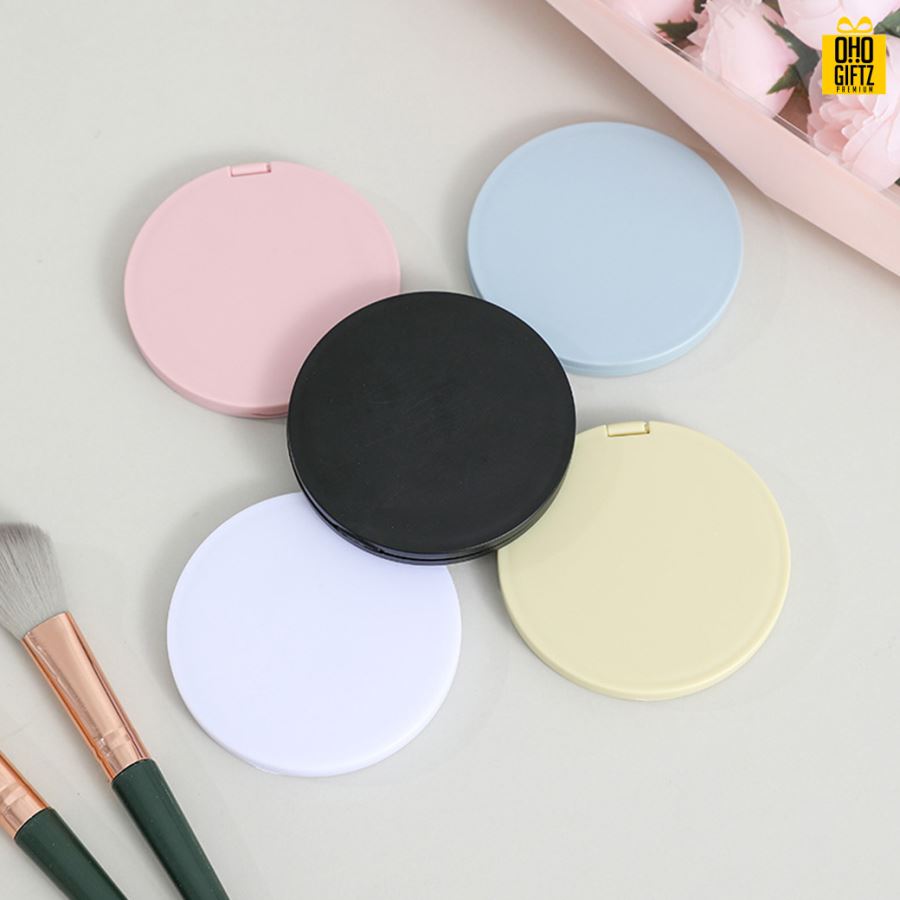 กระจกพับวงกลมส่องได้สองด้าน สกรีนชื่อ สกรีนโลโก้  ทำเป็นของพรีเมี่ยมได้