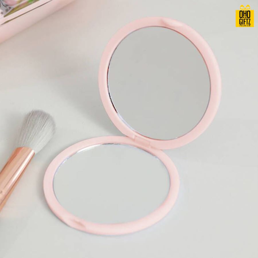 กระจกพับวงกลมส่องได้สองด้าน สกรีนชื่อ สกรีนโลโก้  ทำเป็นของพรีเมี่ยมได้