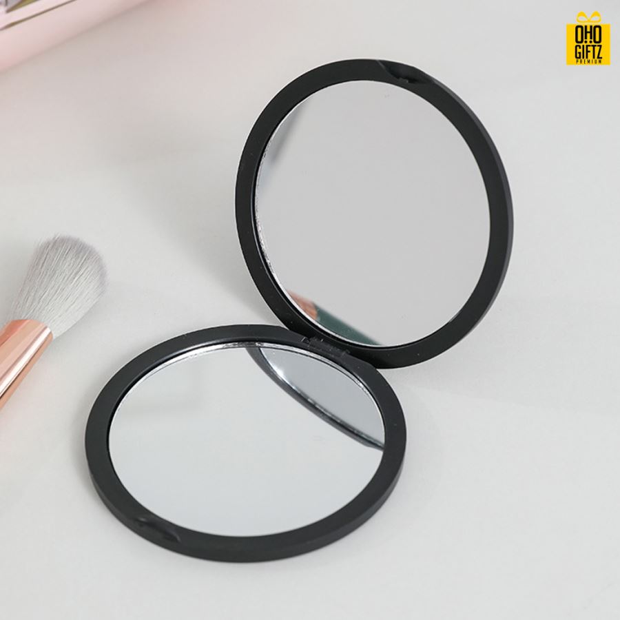 กระจกพับวงกลมส่องได้สองด้าน สกรีนชื่อ สกรีนโลโก้  ทำเป็นของพรีเมี่ยมได้