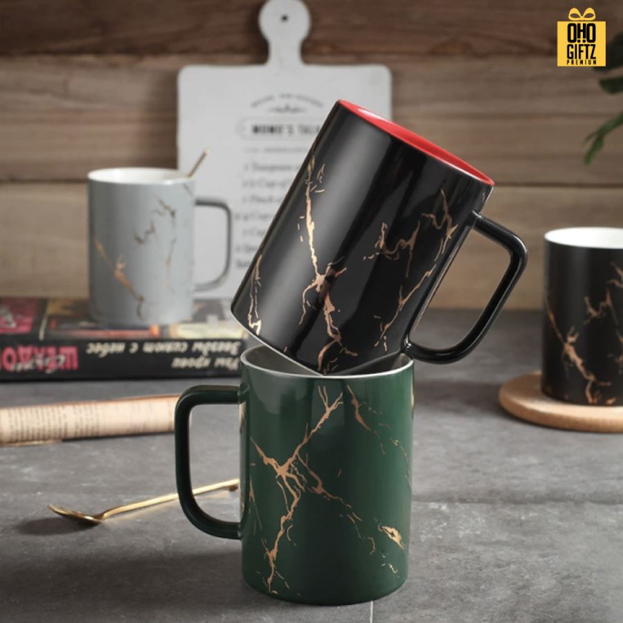 แก้วเซรามิกลายหินอ่อนริ้วทอง สกรีนชื่อ สกรีนโลโก้ ทำเป็นของพรีเมี่ยมได้