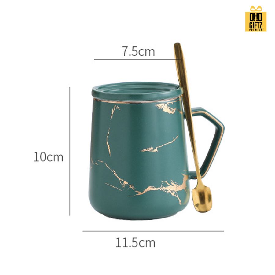 แก้วเซรามิคลายหินอ่อนริ้วทองพร้อมช้อนทอง สกรีนชื่อ สกรีนโลโก้ ทำเป็นของพรีเมี่ยมได้