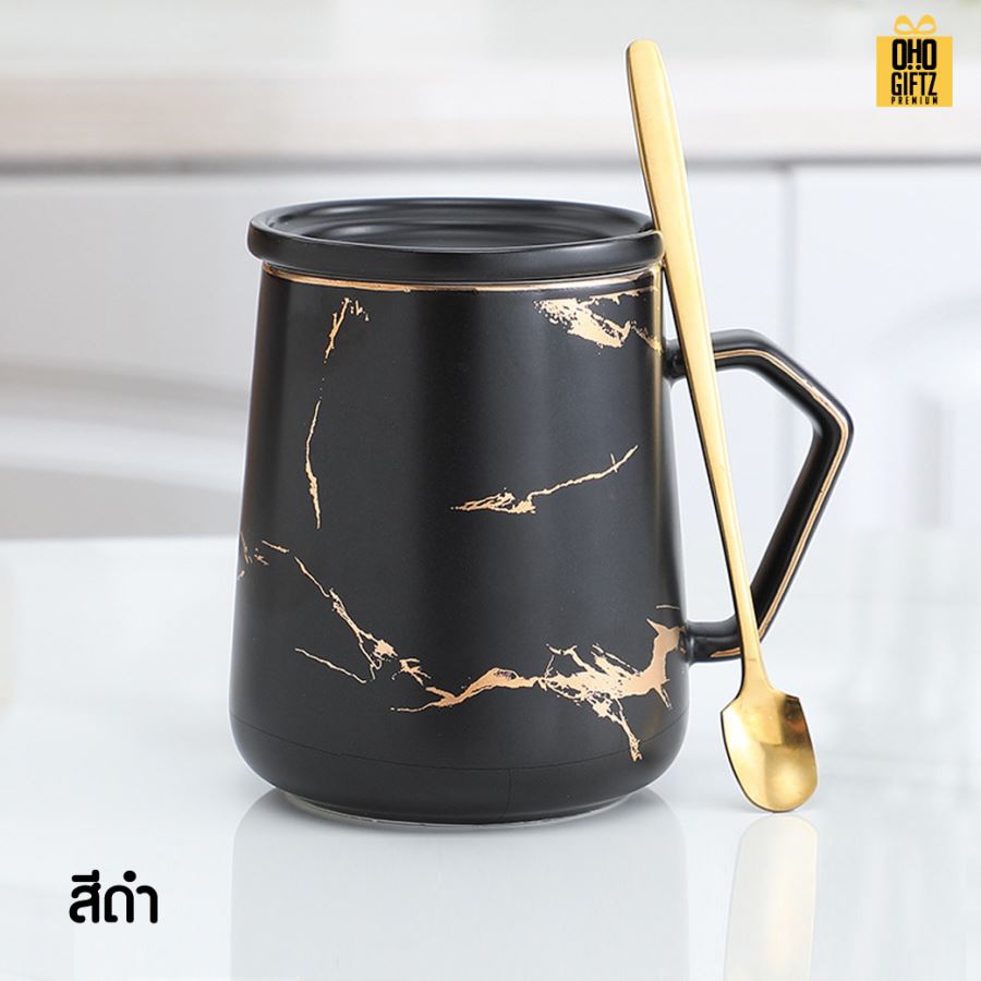 แก้วเซรามิคลายหินอ่อนริ้วทองพร้อมช้อนทอง สกรีนชื่อ สกรีนโลโก้ ทำเป็นของพรีเมี่ยมได้