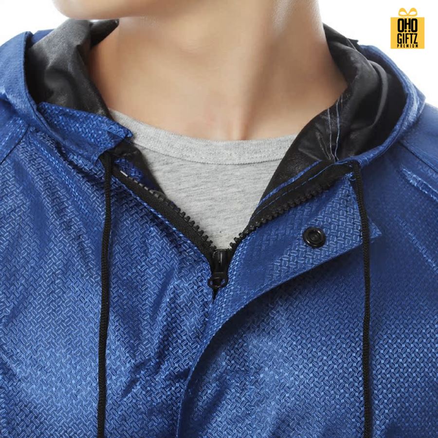 เสื้อกันฝนสีน้ำเงิน สกรีนโลโก้ ทำเป็นของพรีเมี่ยมได้